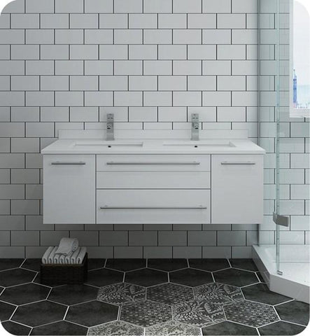 Image of Fresca Lucera 48" White Wall Hung Modern Bathroom Cabinet w/ Top & Double Undermount Sinks | FCB6148WH-UNS-D-CWH-U FCB6148WH-UNS-D-CWH-U