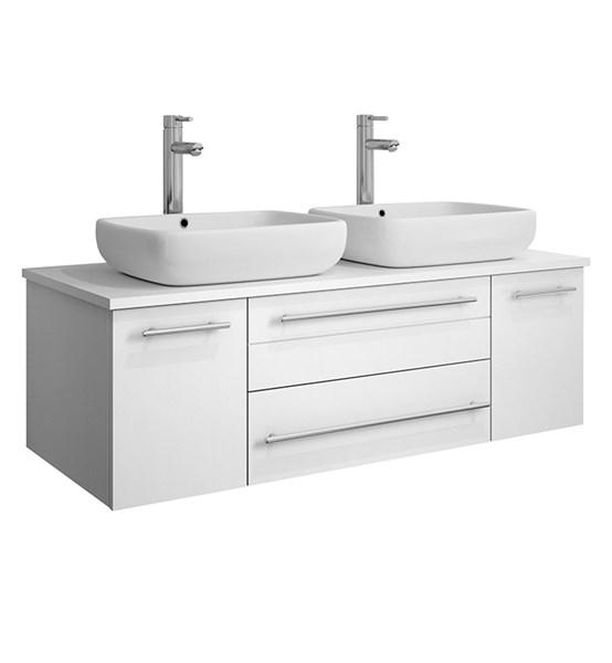 Fresca Lucera 48" White Wall Hung Modern Bathroom Cabinet w/ Top & Double Vessel Sinks | FCB6148WH-VSL-D-CWH-V