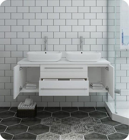 Image of Fresca Lucera 48" White Wall Hung Modern Bathroom Cabinet w/ Top & Double Vessel Sinks | FCB6148WH-VSL-D-CWH-V