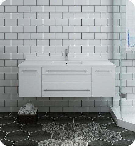 Image of Fresca Lucera 48" White Wall Hung Modern Bathroom Cabinet w/ Top & Undermount Sink | FCB6148WH-UNS-CWH-U