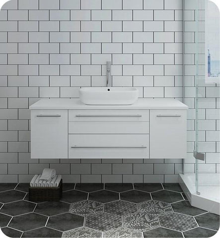 Image of Fresca Lucera 48" White Wall Hung Modern Bathroom Cabinet w/ Top & Vessel Sink | FCB6148WH-VSL-CWH-V