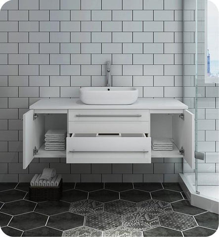 Image of Fresca Lucera 48" White Wall Hung Modern Bathroom Cabinet w/ Top & Vessel Sink | FCB6148WH-VSL-CWH-V