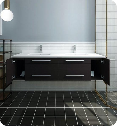 Image of Fresca Lucera 60" Espresso Wall Hung Modern Bathroom Cabinet w/ Top & Double Undermount Sinks | FCB6160ES-UNS-D-CWH-U