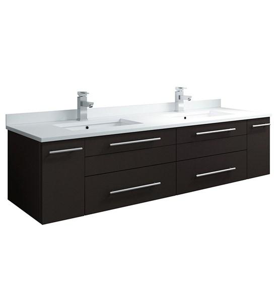 Fresca Lucera 60" Espresso Wall Hung Modern Bathroom Cabinet w/ Top & Double Undermount Sinks | FCB6160ES-UNS-D-CWH-U