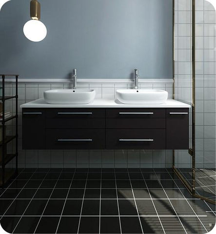 Image of Fresca Lucera 60" Espresso Wall Hung Modern Bathroom Cabinet w/ Top & Double Vessel Sinks | FCB6160ES-VSL-D-CWH-V