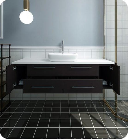 Image of Fresca Lucera 60" Espresso Wall Hung Modern Bathroom Cabinet w/ Top & Single Vessel Sink | FCB6160ES-VSL-CWH-V