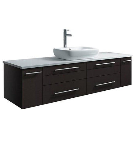 Image of Fresca Lucera 60" Espresso Wall Hung Modern Bathroom Cabinet w/ Top & Single Vessel Sink | FCB6160ES-VSL-CWH-V