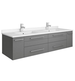 Fresca Lucera 60" Gray Wall Hung Modern Bathroom Cabinet w/ Top & Double Undermount Sinks | FCB6160GR-UNS-D-CWH-U FCB6160GR-UNS-D-CWH-U