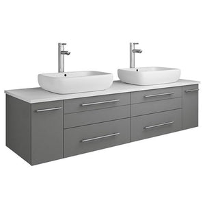 Fresca Lucera 60" Gray Wall Hung Modern Bathroom Cabinet w/ Top & Double Vessel Sinks | FCB6160GR-VSL-D-CWH-V