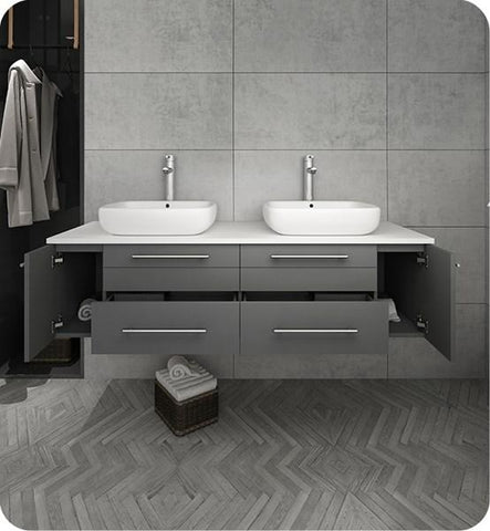 Image of Fresca Lucera 60" Gray Wall Hung Modern Bathroom Cabinet w/ Top & Double Vessel Sinks | FCB6160GR-VSL-D-CWH-V
