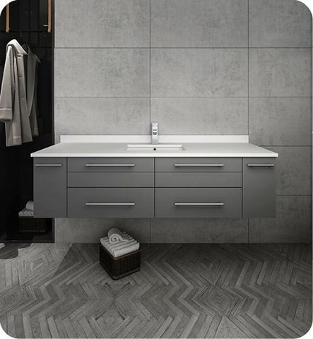Image of Fresca Lucera 60" Gray Wall Hung Modern Bathroom Cabinet w/ Top & Single Undermount Sink | FCB6160GR-UNS-CWH-U FCB6160GR-UNS-CWH-U
