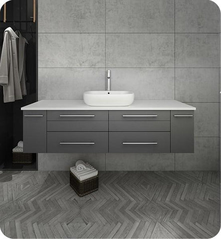 Image of Fresca Lucera 60" Gray Wall Hung Modern Bathroom Cabinet w/ Top & Single Vessel Sink | FCB6160GR-VSL-CWH-V