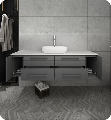 Image of Fresca Lucera 60" Gray Wall Hung Modern Bathroom Cabinet w/ Top & Single Vessel Sink | FCB6160GR-VSL-CWH-V