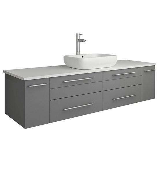 Fresca Lucera 60" Gray Wall Hung Modern Bathroom Cabinet w/ Top & Single Vessel Sink | FCB6160GR-VSL-CWH-V