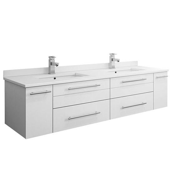 Fresca Lucera 60" White Wall Hung Modern Bathroom Cabinet w/ Top & Double Undermount Sinks | FCB6160WH-UNS-D-CWH-U