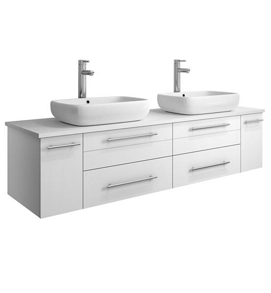 Fresca Lucera 60" White Wall Hung Modern Bathroom Cabinet w/ Top & Double Vessel Sinks | FCB6160WH-VSL-D-CWH-V