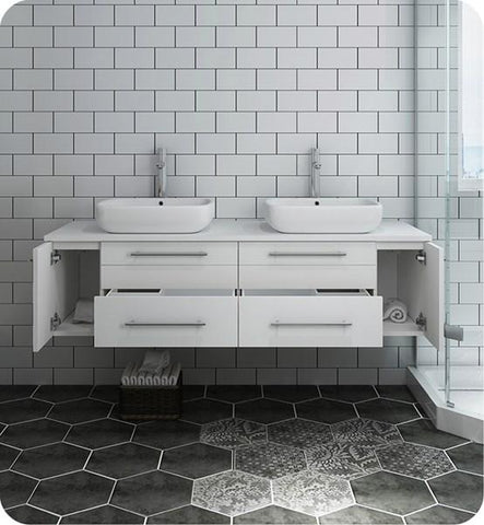 Image of Fresca Lucera 60" White Wall Hung Modern Bathroom Cabinet w/ Top & Double Vessel Sinks | FCB6160WH-VSL-D-CWH-V