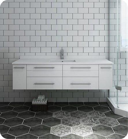 Image of Fresca Lucera 60" White Wall Hung Modern Bathroom Cabinet w/ Top & Single Undermount Sink | FCB6160WH-UNS-CWH-U FCB6160WH-UNS-CWH-U