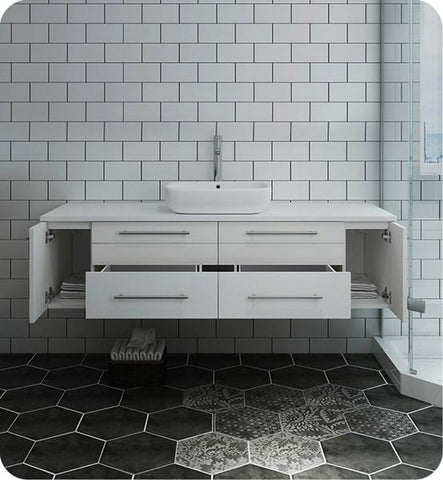 Image of Fresca Lucera 60" White Wall Hung Modern Bathroom Cabinet w/ Top & Single Vessel Sink | FCB6160WH-VSL-CWH-V