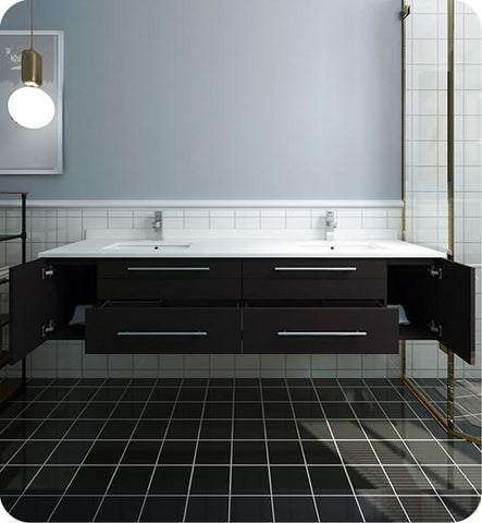 Image of Fresca Lucera 72" Espresso Wall Hung Modern Bathroom Cabinet w/ Top & Double Undermount Sinks | FCB6172ES-UNS-D-CWH-U FCB6172ES-UNS-D-CWH-U