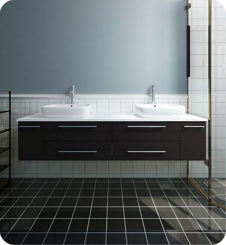 Image of Fresca Lucera 72" Espresso Wall Hung Modern Bathroom Cabinet w/ Top & Double Vessel Sinks | FCB6172ES-VSL-D-CWH-V
