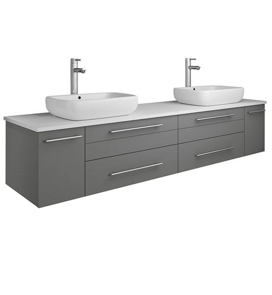 Fresca Lucera 72" Gray Wall Hung Modern Bathroom Cabinet w/ Top & Double Vessel Sinks | FCB6172GR-VSL-D-CWH-V