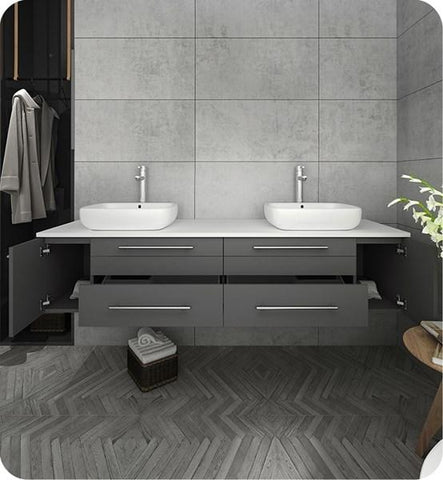 Image of Fresca Lucera 72" Gray Wall Hung Modern Bathroom Cabinet w/ Top & Double Vessel Sinks | FCB6172GR-VSL-D-CWH-V