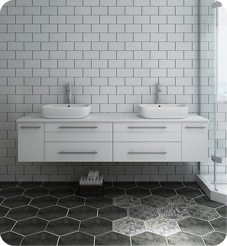 Image of Fresca Lucera 72" White Wall Hung Modern Bathroom Cabinet w/ Top & Double Vessel Sinks | FCB6172WH-VSL-D-CWH-V