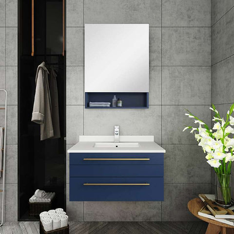 Image of Fresca Lucera Modern 30" Royal Blue Wall Hung Undermount Sink Bathroom Vanity Set FVN6130RBL-UNS FVN6130RBL-UNS