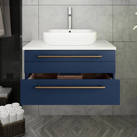 Image of Fresca Lucera Modern 30" Royal Blue Wall Hung Vessel Sink Bathroom Vanity | FCB6130RBL-VSL-CWH-V