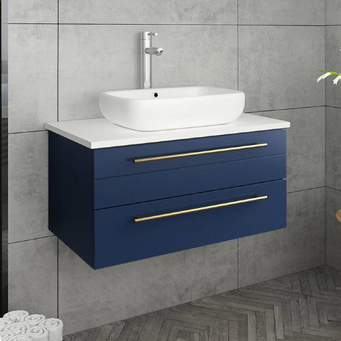 Image of Fresca Lucera Modern 30" Royal Blue Wall Hung Vessel Sink Bathroom Vanity | FCB6130RBL-VSL-CWH-V FCB6130RBL-VSL-CWH-V