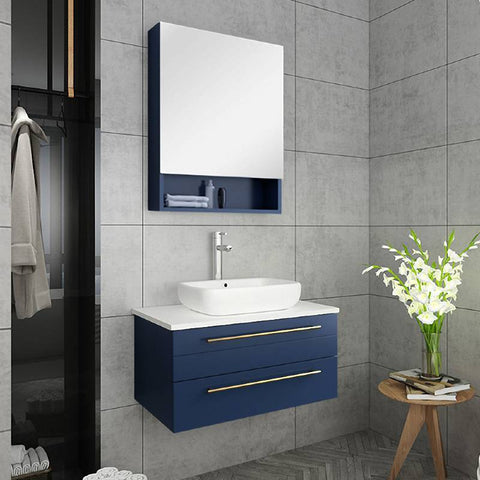Image of Fresca Lucera Modern 30" Royal Blue Wall Hung Vessel Sink Bathroom Vanity Set FVN6130RBL-VSL FVN6130RBL-VSL