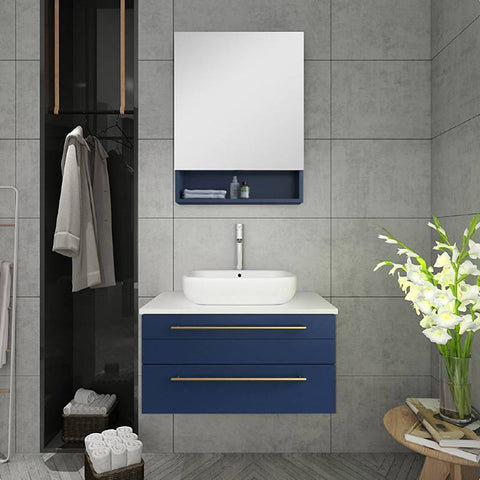 Image of Fresca Lucera Modern 30" Royal Blue Wall Hung Vessel Sink Bathroom Vanity Set FVN6130RBL-VSL FVN6130RBL-VSL