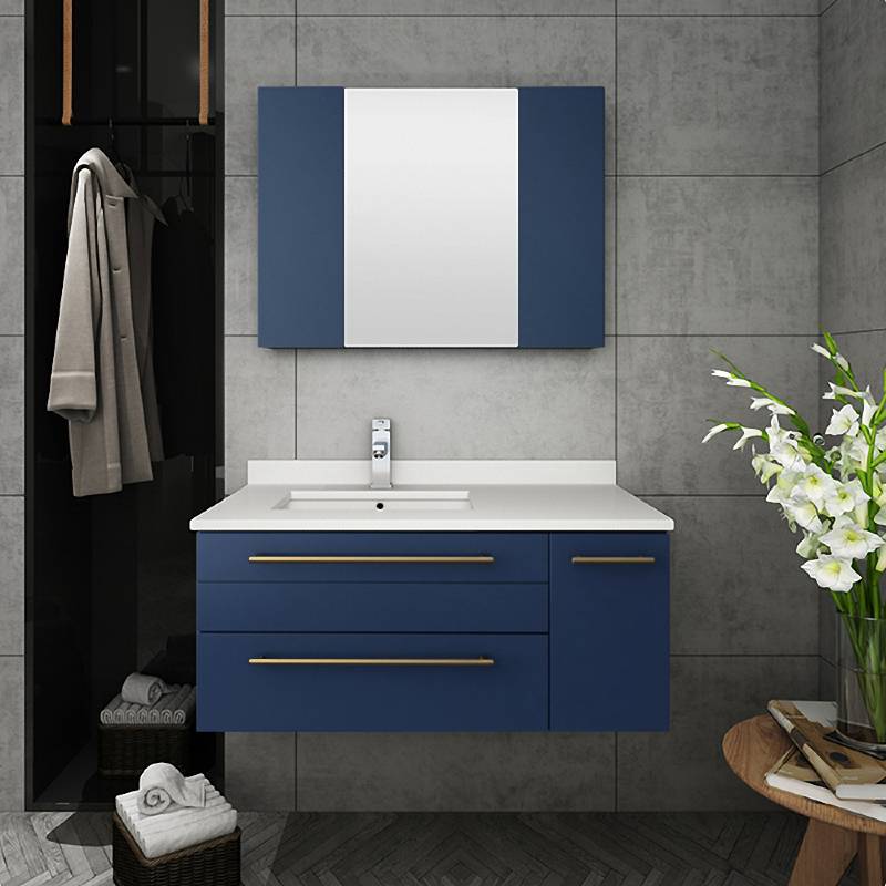 Fresca Lucera Modern 36" Royal Blue Wall Hung Undermount Sink Bathroom Cabinet- Left Version | FCB6136RBL-UNS-L