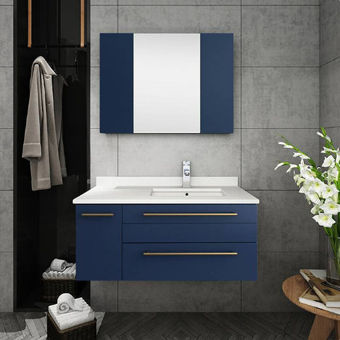 Image of Fresca Lucera Modern 36" Royal Blue Wall Hung Undermount Sink Bathroom Cabinet- Right Version | FCB6136RBL-UNS-R FCB6136RBL-UNS-R