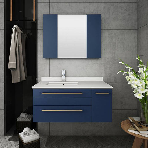 Image of Fresca Lucera Modern 36" Royal Blue Wall Hung Undermount Sink Bathroom Vanity- Left Version | FCB6136RBL-UNS-L-CWH-U FCB6136RBL-UNS-L-CWH-U