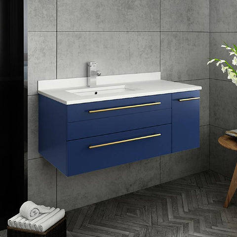 Image of Fresca Lucera Modern 36" Royal Blue Wall Hung Undermount Sink Bathroom Vanity- Left Version | FCB6136RBL-UNS-L-CWH-U FCB6136RBL-UNS-L-CWH-U