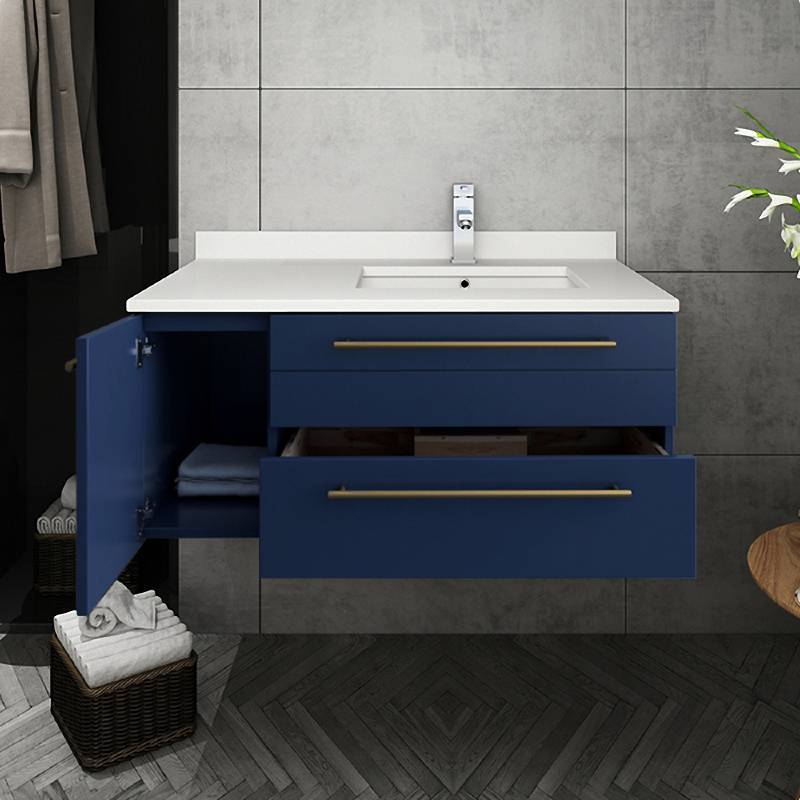 Fresca Lucera Modern 36" Royal Blue Wall Hung Undermount Sink Bathroom Vanity- Right Version | FCB6136RBL-UNS-R-CWH-U FCB6136RBL-UNS-R-CWH-U