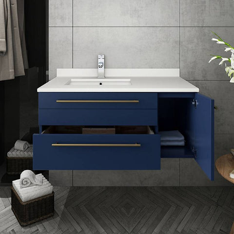 Image of Fresca Lucera Modern 36" Royal Blue Wall Hung Undermount Sink Bathroom Vanity Set- Left Version FVN6136RBL-UNS-L FVN6136RBL-UNS-L