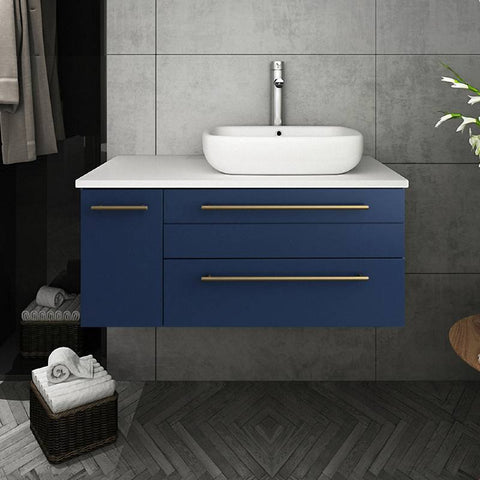 Image of Fresca Lucera Modern 36" Royal Blue Wall Hung Vessel Sink Bathroom Cabinet- Right Version | FCB6136RBL-VSL-R FCB6136RBL-VSL-R
