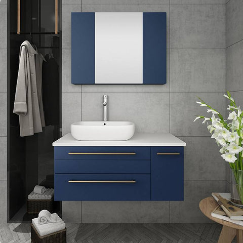 Image of Fresca Lucera Modern 36" Royal Blue Wall Hung Vessel Sink Bathroom Vanity- Left Version | FCB6136RBL-VSL-L-CWH-V