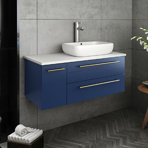 Image of Fresca Lucera Modern 36" Royal Blue Wall Hung Vessel Sink Bathroom Vanity- Right Version | FCB6136RBL-VSL-R-CWH-V FCB6136RBL-VSL-R-CWH-V