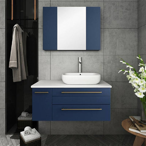 Image of Fresca Lucera Modern 36" Royal Blue Wall Hung Vessel Sink Bathroom Vanity- Right Version | FCB6136RBL-VSL-R-CWH-V FCB6136RBL-VSL-R-CWH-V