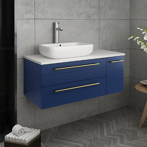 Image of Fresca Lucera Modern 36" Royal Blue Wall Hung Vessel Sink Bathroom Vanity Set- Left Version | FVN6136RBL-VSL-L