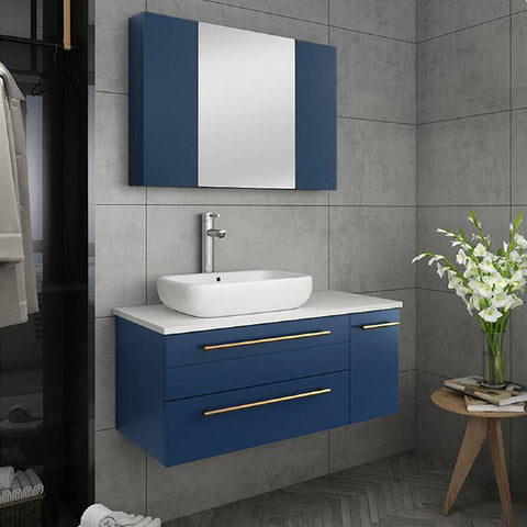 Image of Fresca Lucera Modern 36" Royal Blue Wall Hung Vessel Sink Bathroom Vanity Set- Left Version | FVN6136RBL-VSL-L
