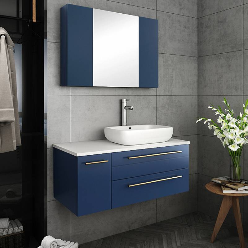 Fresca Lucera Modern 36" Royal Blue Wall Hung Vessel Sink Bathroom Vanity Set- Right Version | FVN6136RBL-VSL-R FVN6136RBL-VSL-R