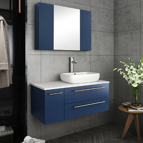 Image of Fresca Lucera Modern 36" Royal Blue Wall Hung Vessel Sink Bathroom Vanity Set- Right Version | FVN6136RBL-VSL-R FVN6136RBL-VSL-R