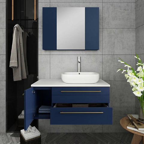 Image of Fresca Lucera Modern 36" Royal Blue Wall Hung Vessel Sink Bathroom Vanity Set- Right Version | FVN6136RBL-VSL-R FVN6136RBL-VSL-R