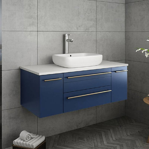 Image of Fresca Lucera Modern 42" Royal Blue Wall Hung Vessel Sink Bathroom Cabinet | FCB6142RBL-VSL