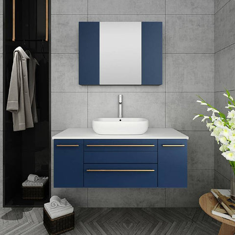 Image of Fresca Lucera Modern 42" Royal Blue Wall Hung Vessel Sink Bathroom Vanity Set | FVN6142RBL-VSL